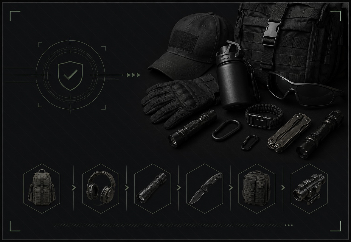 Shooting and tactical equipment — backpacks, optics, flashlights, knives, gear